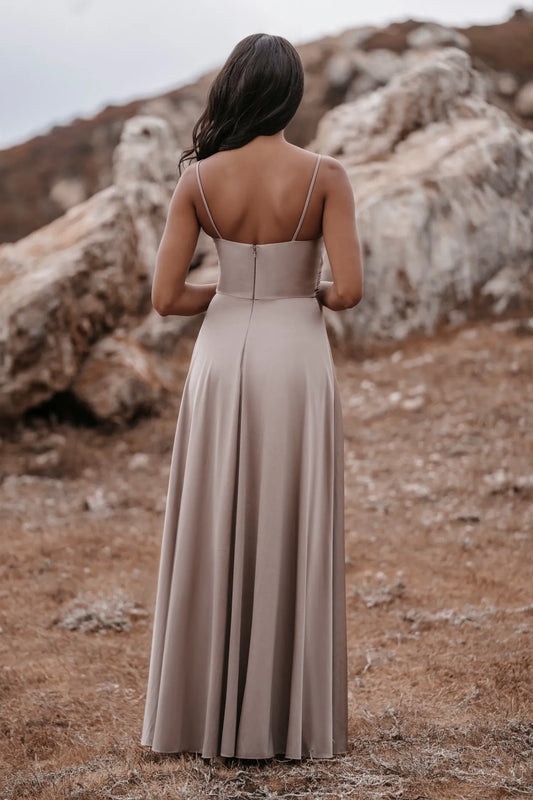 Charming A-Line Deep V Spaghetti-Strap Zip Back Long Bridesmaid Dresses