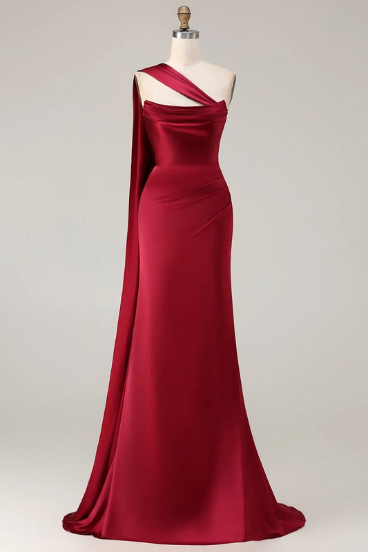 Chic Burgundy Sheath One-Shoulder Cape Sleeve Zipper Back Scarf Ruched Long Prom Dresses