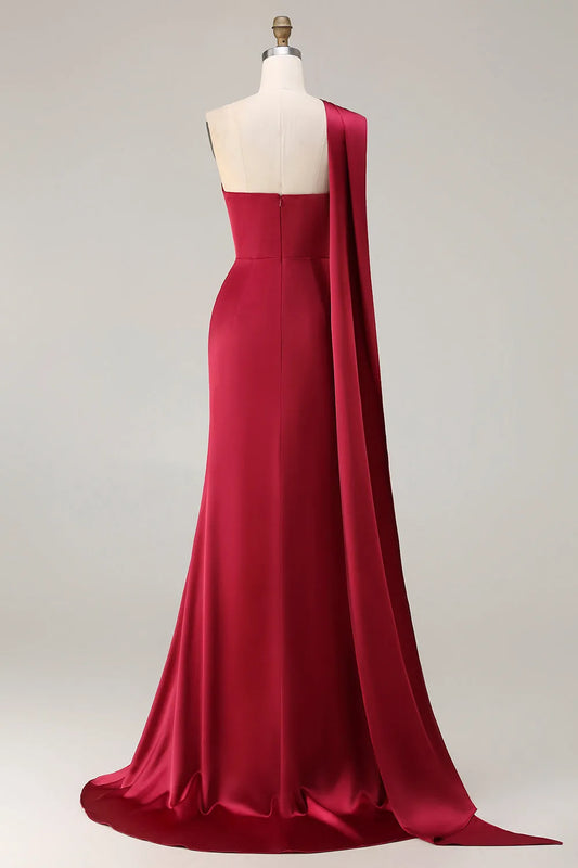 Chic Burgundy Sheath One-Shoulder Cape Sleeve Zipper Back Scarf Ruched Long Prom Dresses