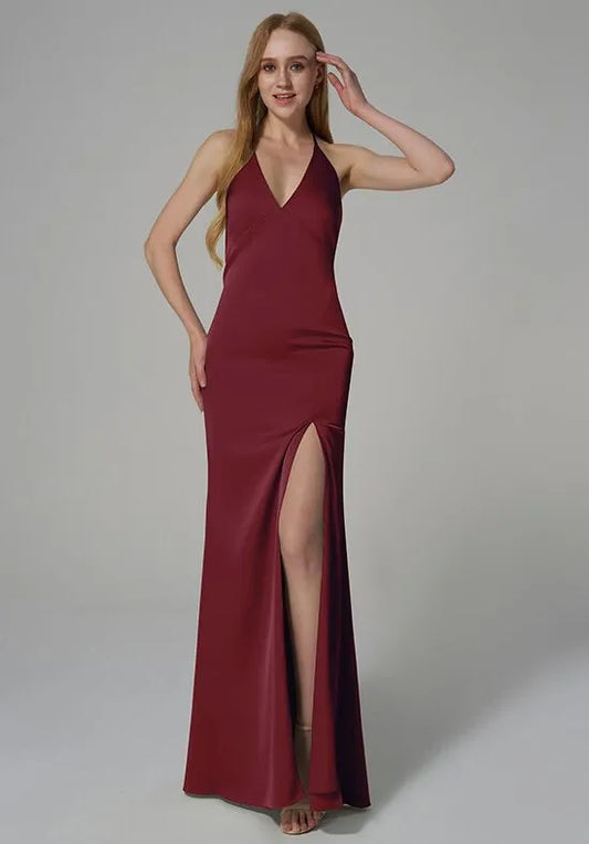 Chic Sheath Halter Neck Sleeveless Tie Back Long Bridesmaid Dresses