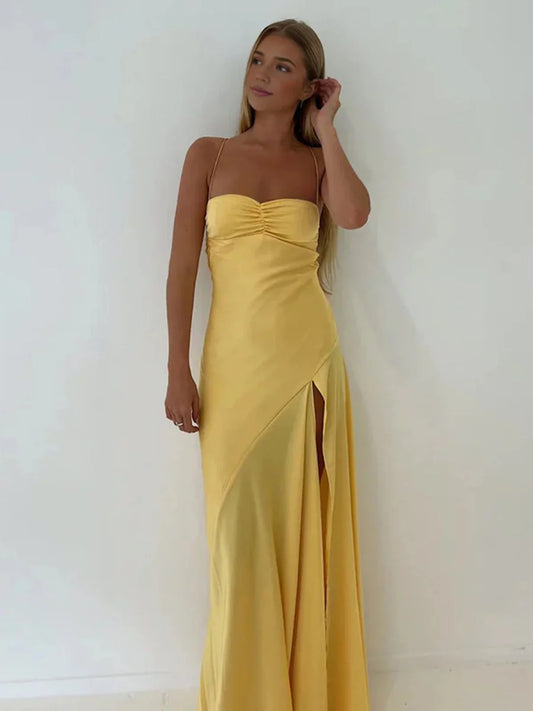 Chic Sheath Sweetheart Neck Spaghetti Strap Solid Back Floor Length Prom Dresses With Split