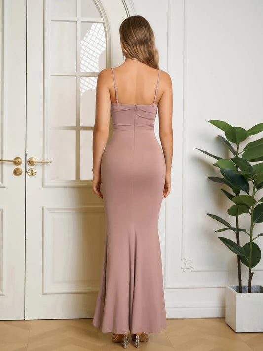 Elegant Fitted Square Neck Spaghetti Strap Ruched Back Mermaid Floor-Length Prom Dresses