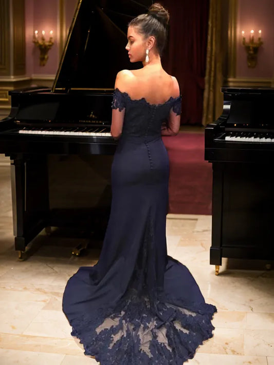 Elegant Mermaid Off-Shoulder Long-Sleeve Lace Back Train-Length Evening Dresses