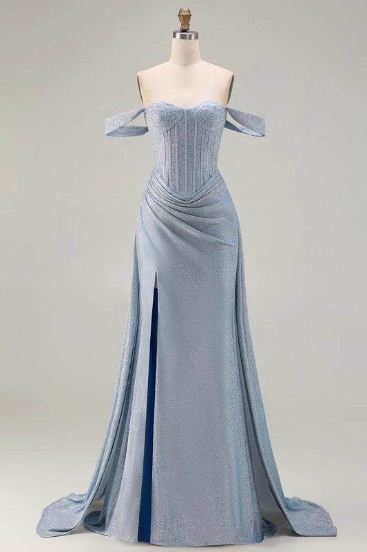 Elegant Mermaid Off-The-Shoulder Sleeveless Contrast Slit Floor Length Prom Dresses