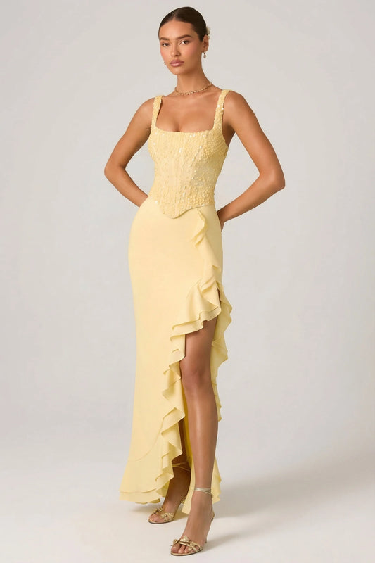 Elegant Mermaid Square Neck Sleeveless Sequin Bodice Ruffled High Slit Floor Length Prom Dresses
