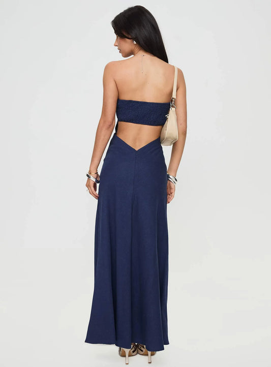Elegant Navy Blue A-Line Strapless Neck Sleeveless Cutout Back Floor Length Prom Dresses