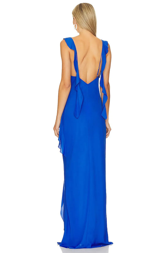 Elegant Sheath V-Neck Ruffled Sleeveless Cut Out Back Long Prom Dresses