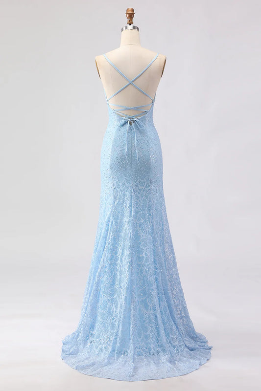Elegant Sky Blue Mermaid Deep V Neck Spaghetti Strap Lace Up Back Beaded Prom Dresses