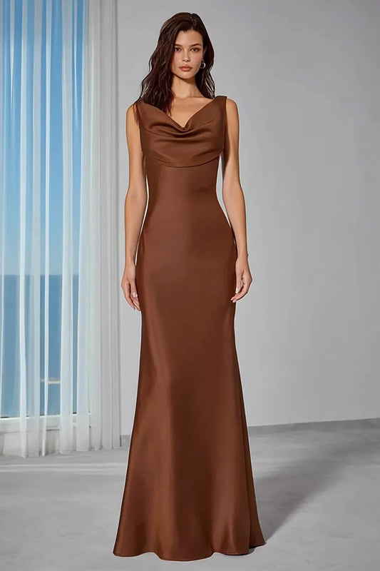 Elegant Trumpet Cowl Neck Sleeveless Zip Back Long Bridesmaid Dresses
