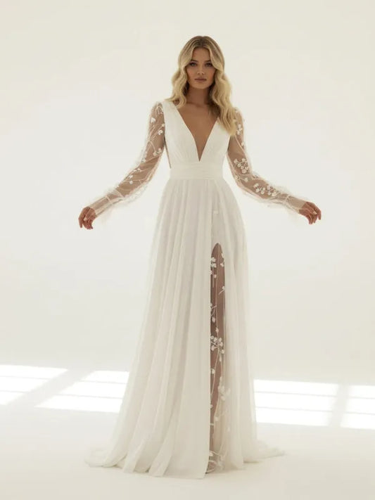 Ethereal A-Line V-Neck Lace-Long-Sleeve V-Back Chapel-Train Wedding Dresses