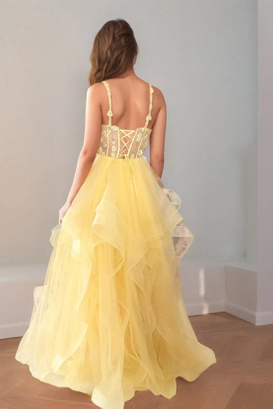 Glamorous Ball Gown Sweetheart Neck Spaghetti Strap Lace Zipper Back Long Prom Dresses