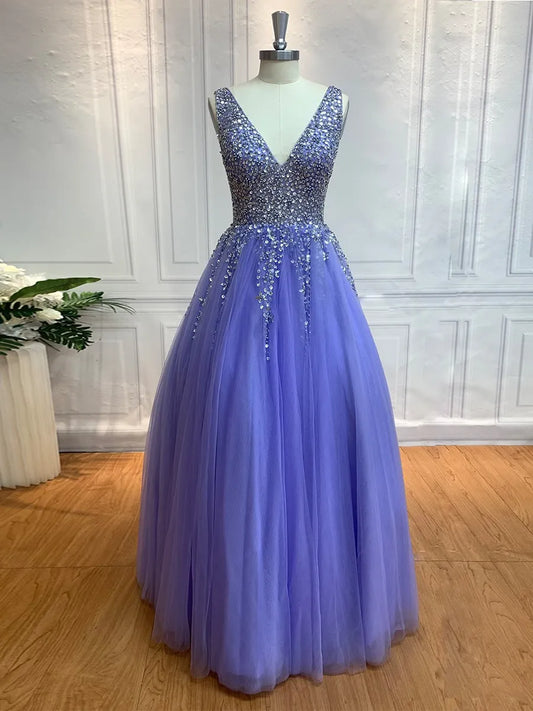 Glamorous Ballgown Deep V-Neck Sleeveless Open Back Floor-Length Evening Dresses