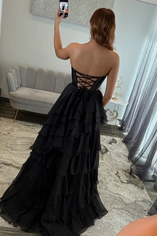 Glamorous Ballgown Sweetheart Neck Strapless Lace Up Back Long Pleated Ruffles Tiered High Side Slit Prom Dresses