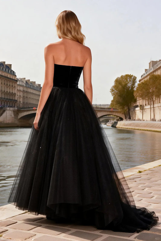 Glamorous Black Ballgown Strapless Sleeveless Zipper Back Beaded Tulle Prom Dresses