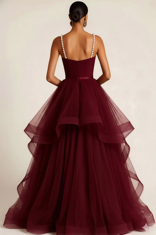 Glamorous Burgundy Ballgown Sweetheart Neck Pearl Strap Solid Back Tulle Ruffled Floor Length Prom Dresses with Pearls
