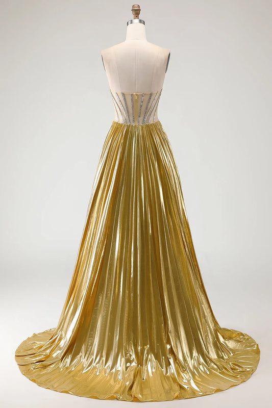 Glamorous Golden Ballgown Strapless Beaded Sleeve Zipper Back Long Prom Dresses with Slit