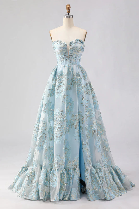 Glamorous Light Blue Ballgown Sweetheart Neck Strapless Zipper Back Ruffled Long Prom Dresses with Slit