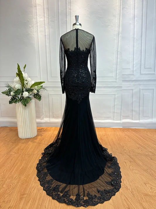 Luxurious Mermaid Crew Neck Long-Sleeve Sheer Back Train-Length Evening Dresses