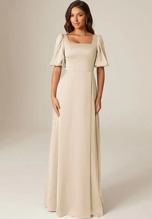 Romantic A-Line Square Neck Puff-Sleeve Zip Back Long Bridesmaid Dresses