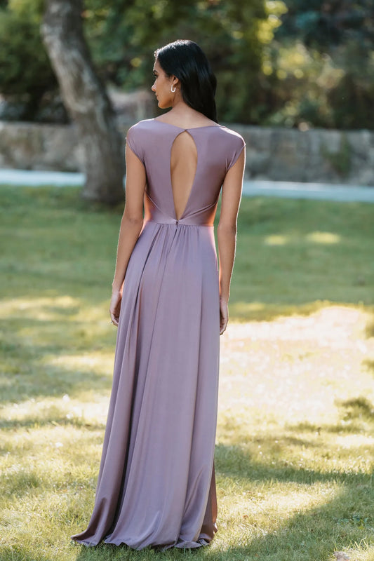 Romantic A-Line Sweetheart Cap-Sleeve Keyhole Back Long Bridesmaid Dresses