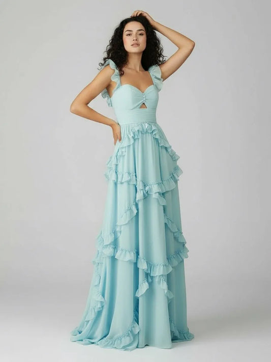 Romantic A-Line Sweetheart Neck Ruffled Sleeve Keyhole Back Floor Length Prom Dresses