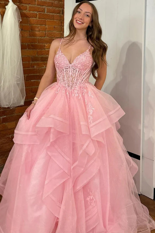 Romantic A-Line V Neck Spaghetti Strap Sleeveless Lace Back Pleated Ruffles Appliques Long Prom Dresses