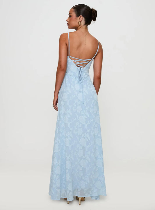 Romantic light Blue A-Line Square Neck Spaghetti Strap Lace Up Back Floor Length Prom Dresses