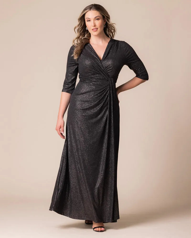 Sparkly A-Line V-Neck Half-Sleeve Open-Back Floor-Length Plus Size Dresses