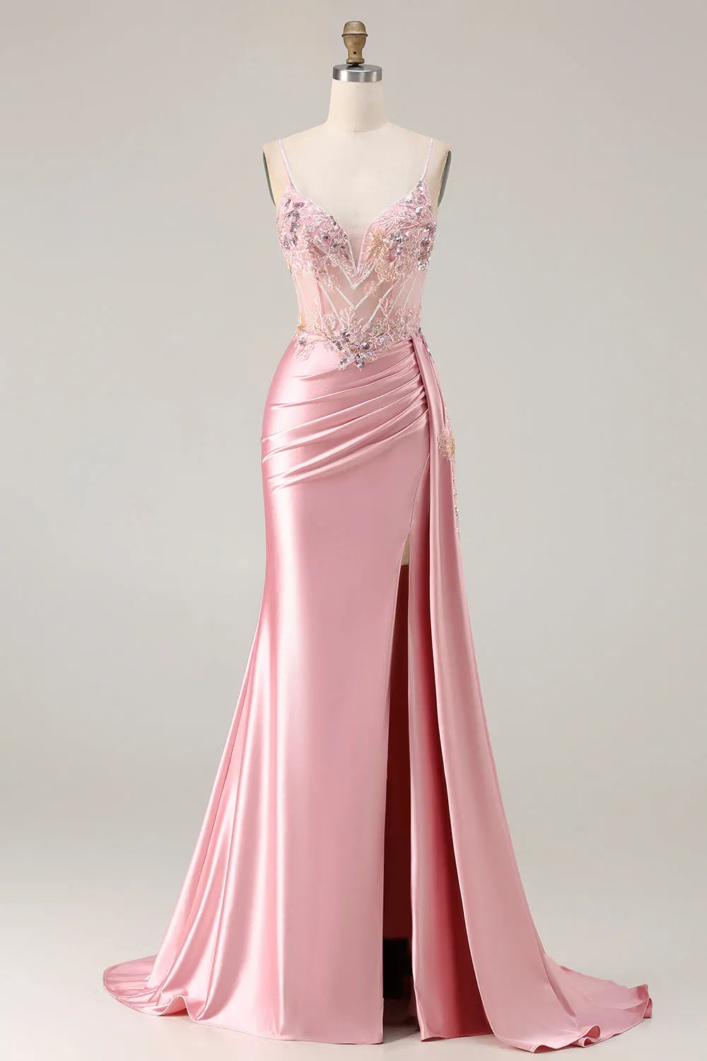 Romantic Pink Mermaid Deep V Neck Spaghetti Strap Lace Back Satin Prom Dresses with Sequin