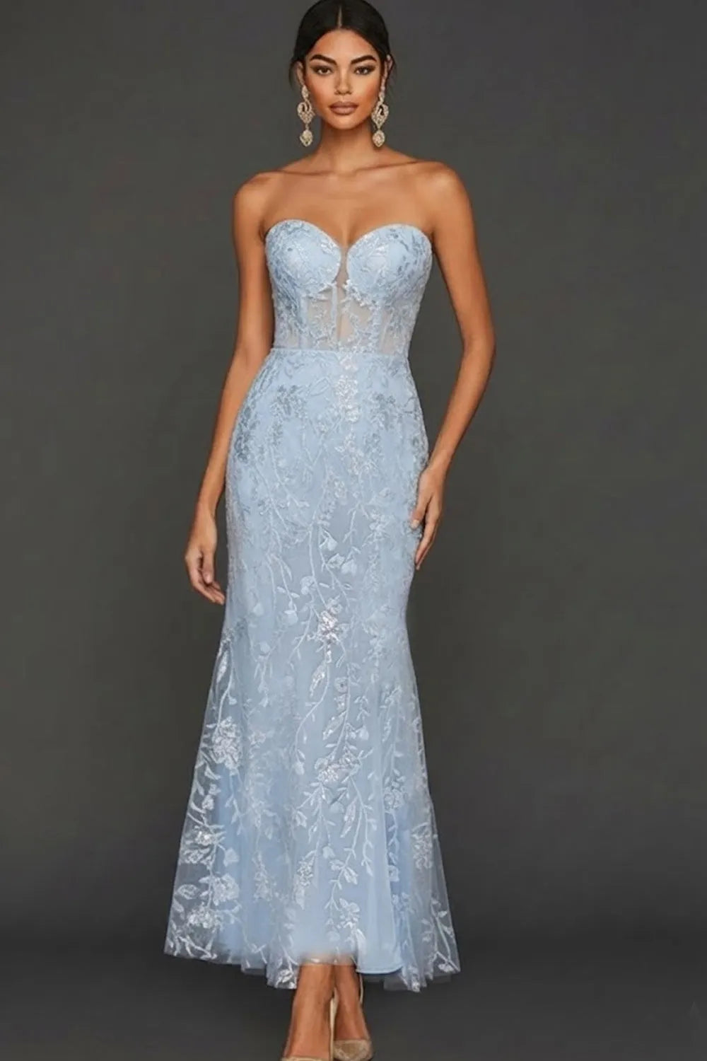 Elegant Mermaid Sweetheart Neck Sleeveless Lace Up Back Tea Length Prom Dresses