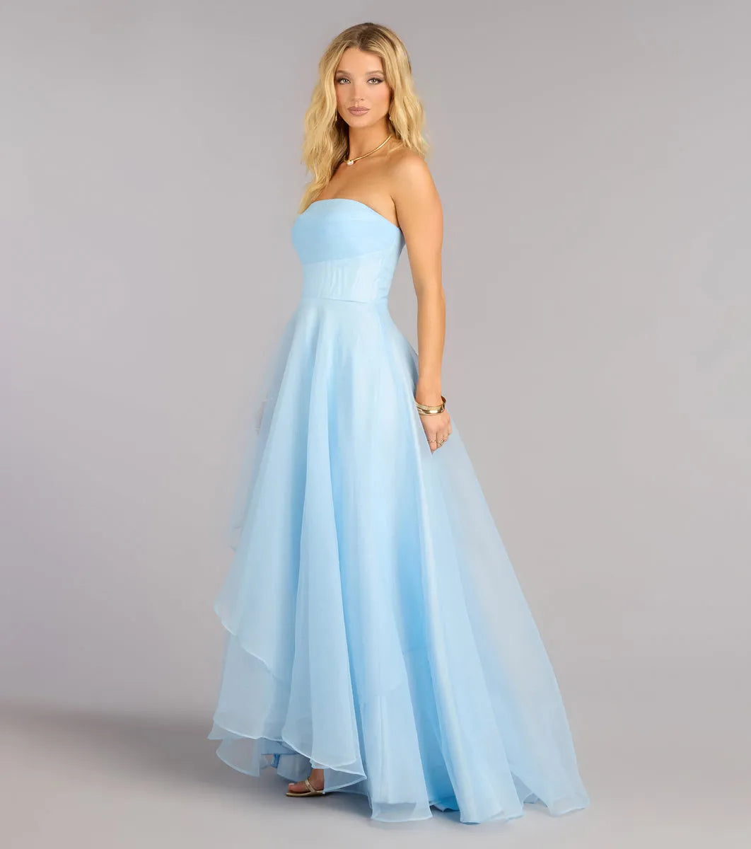 Airy Light Blue A-Line Strapless Sleeveless Zip-Back Floor-Length Prom Dresses
