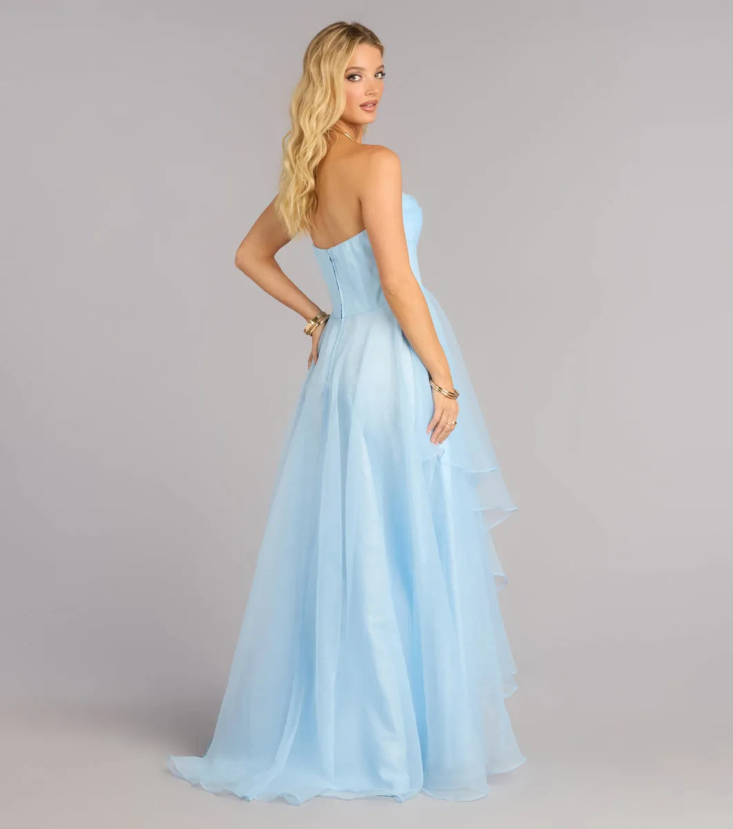 Airy Light Blue A-Line Strapless Sleeveless Zip-Back Floor-Length Prom Dresses