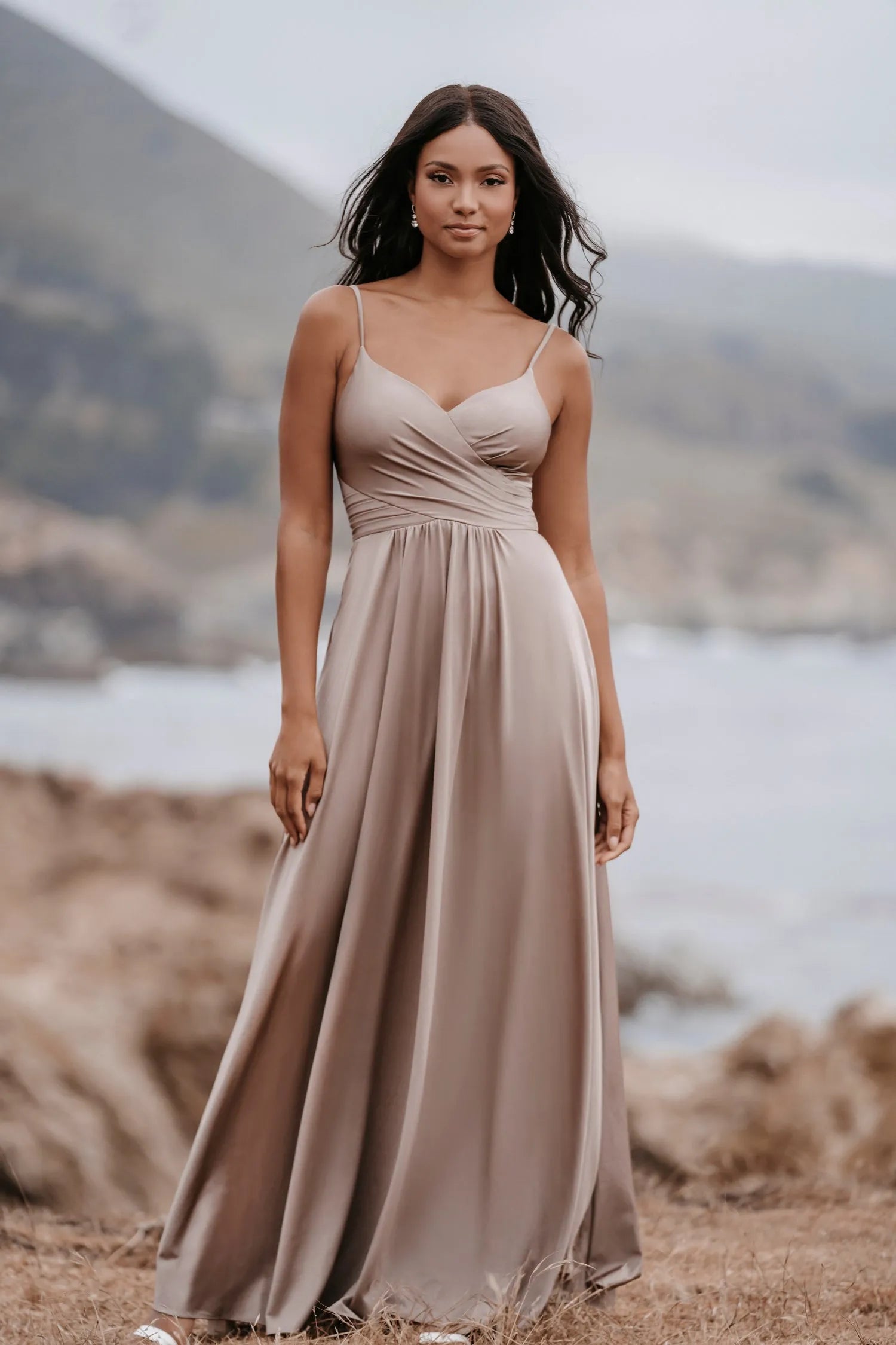 Charming A-Line Deep V Spaghetti-Strap Zip Back Long Bridesmaid Dresses