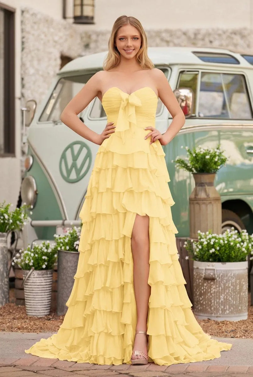 Charming A-Line Strapless Sleeveless Lace Up Back Layered Chiffon Floor Length Prom Dresses