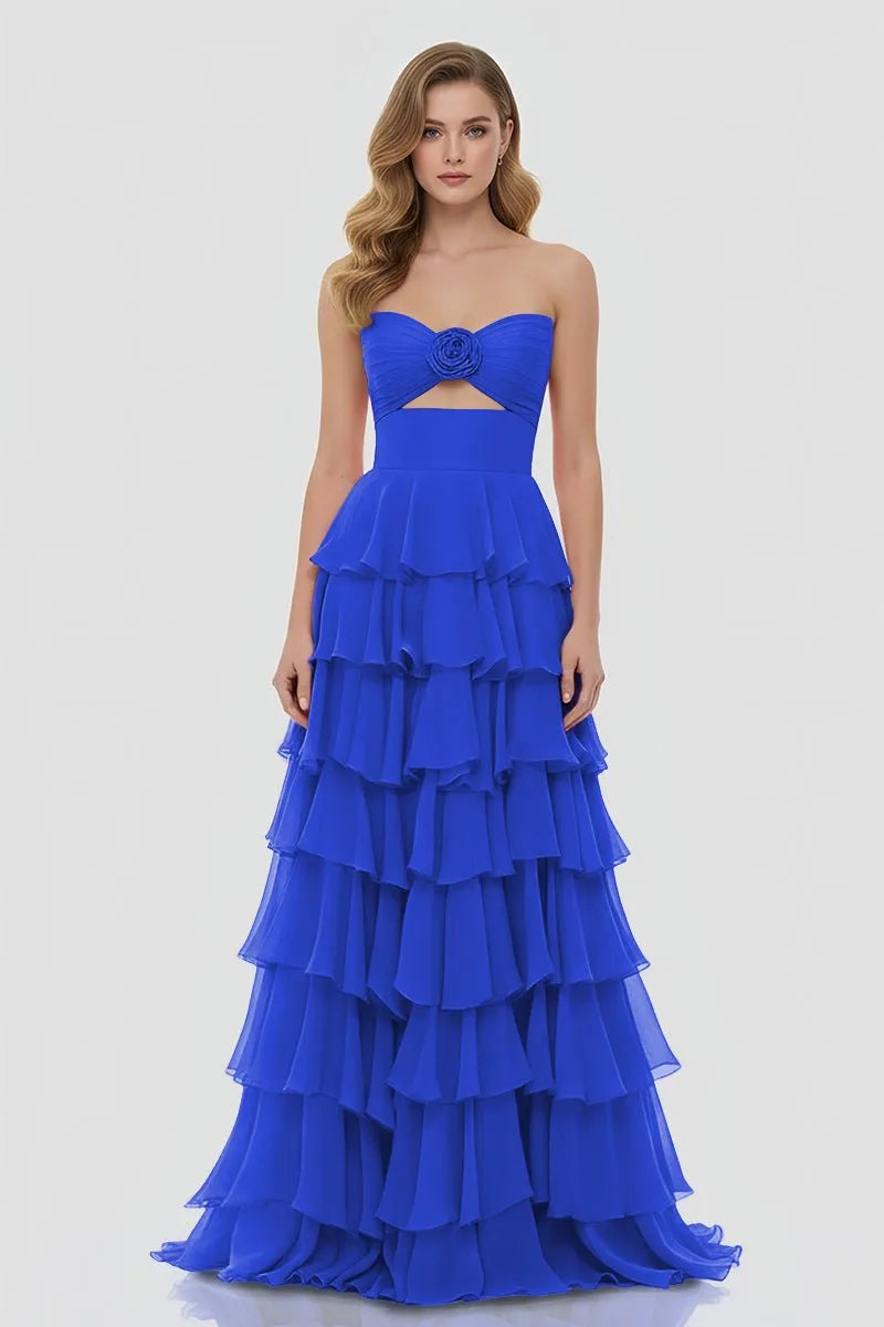 Charming A-Line Strapless Sleeveless Lace Up Back Layered Chiffon Floor Length Prom Dresses