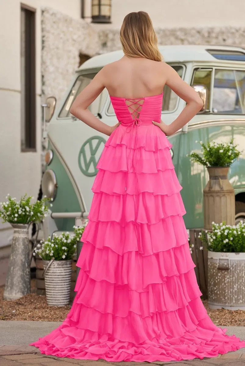 Charming A-Line Strapless Sleeveless Lace Up Back Layered Chiffon Floor Length Prom Dresses