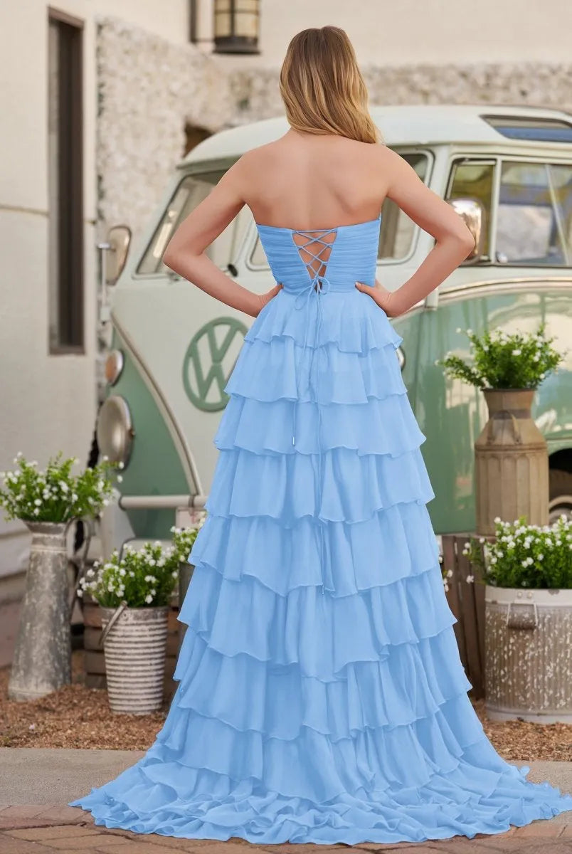 Charming A-Line Strapless Sleeveless Lace Up Back Layered Chiffon Floor Length Prom Dresses
