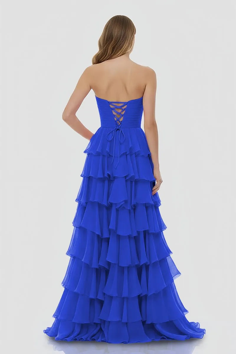 Charming A-Line Strapless Sleeveless Lace Up Back Layered Chiffon Floor Length Prom Dresses