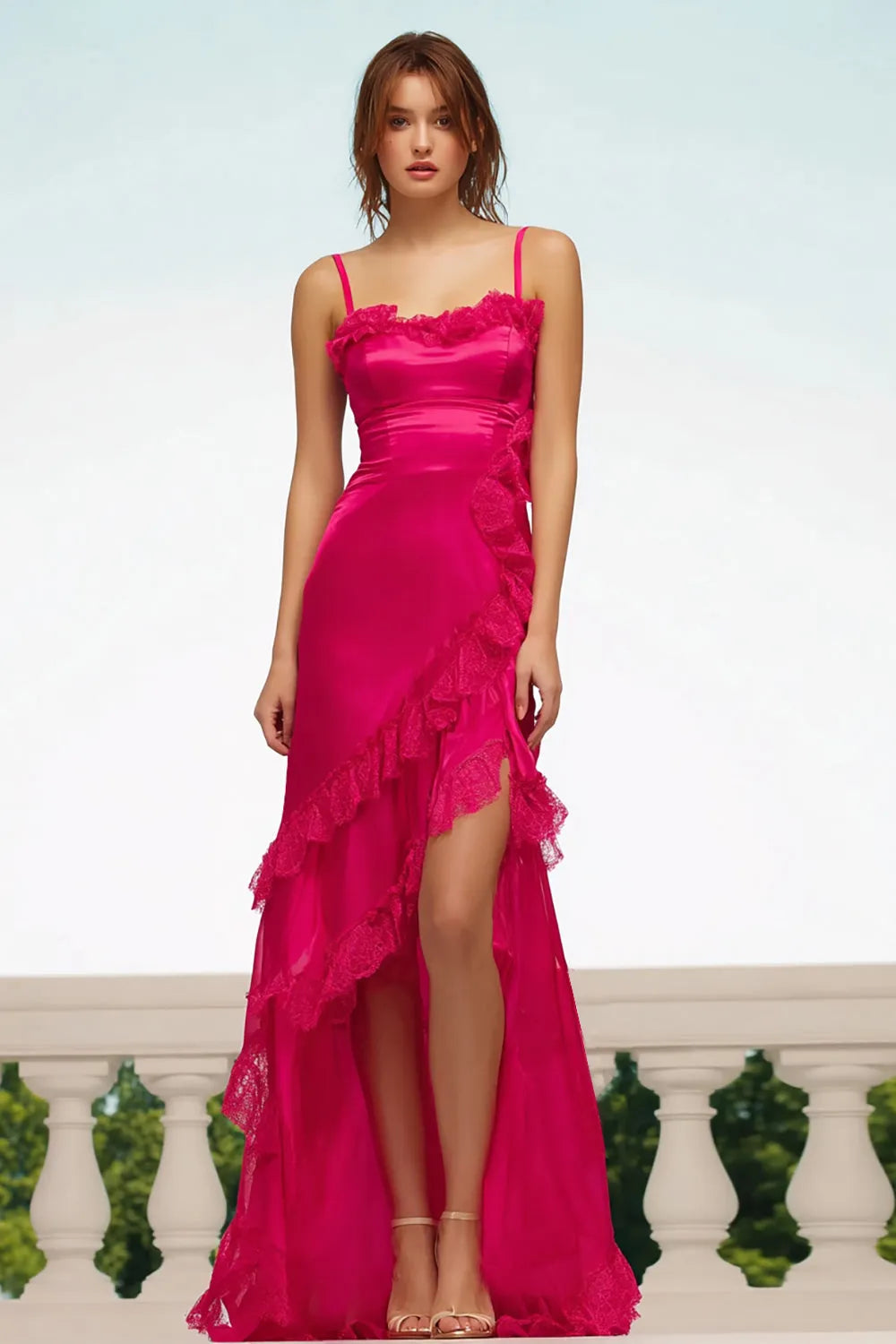 Charming Sheath Sweetheart Neck Spaghetti Strap Ruffled Floor Length Prom Dresses