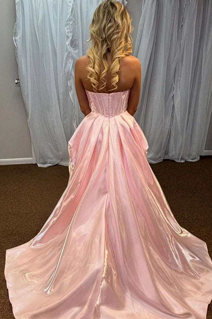 Chic A-Line High-Low Boat Neck Strapless Zipper Back Long Prom Dresses High Side Slit