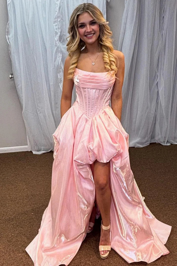 Chic A-Line High-Low Boat Neck Strapless Zipper Back Long Prom Dresses High Side Slit
