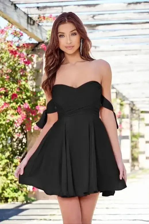 Chic A-Line Sweetheart Off-Shoulder Bow Back Mini Homecoming Dresses