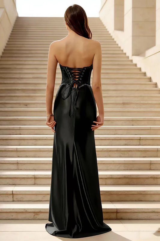 Chic Black Mermaid Sweetheart Neck Strapless Lace Up Back Long Pleated Beaded Satin Prom Dresses