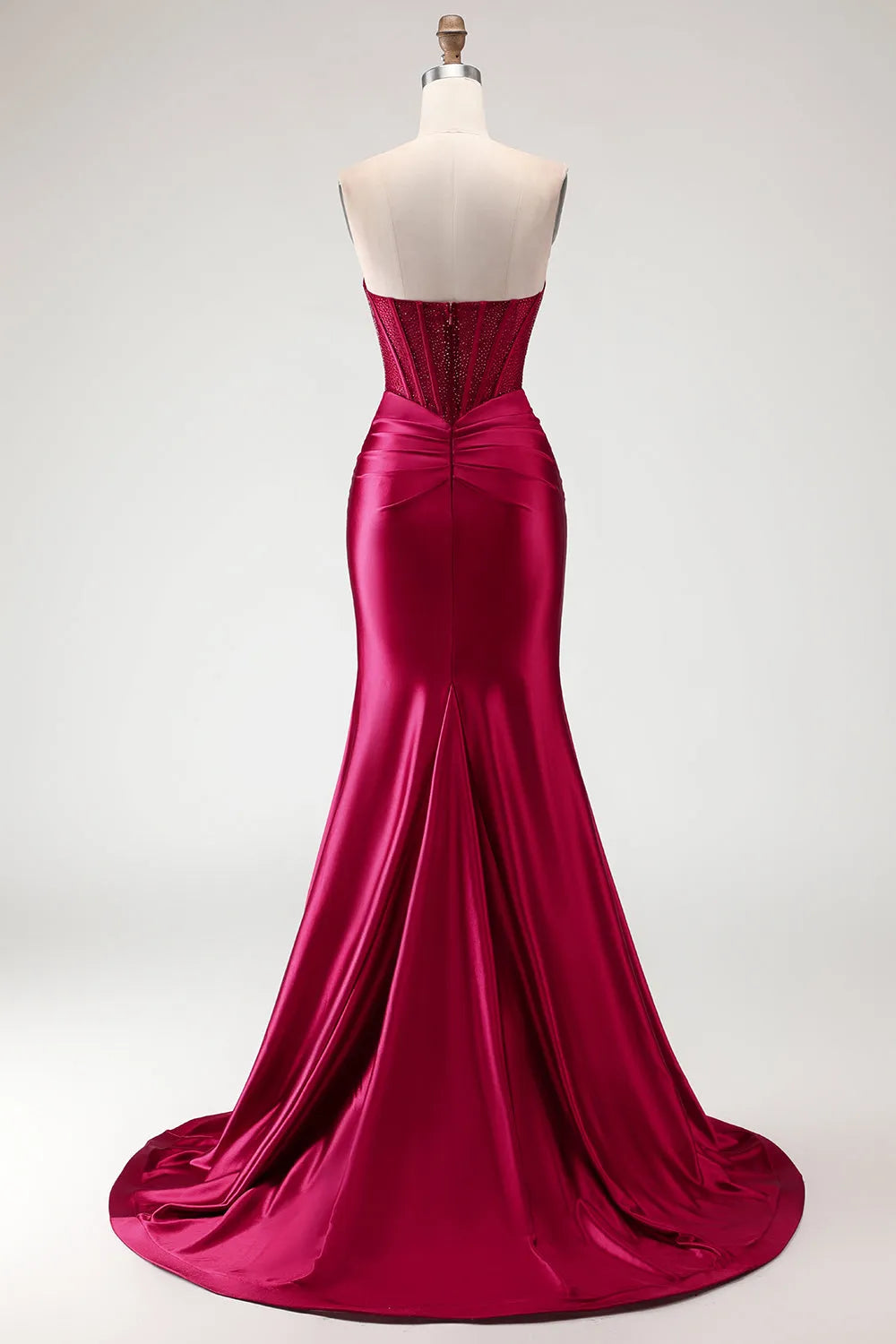 Chic Burgundy Mermaid Sweetheart Neck Strapless Zipper Back Satin Prom Dresses with Slit