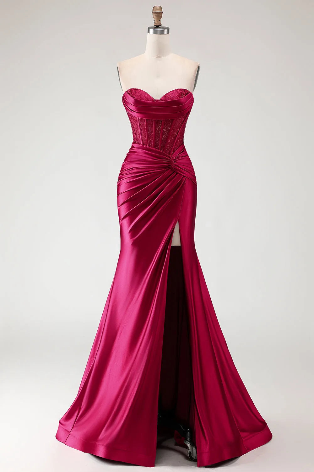 Chic Burgundy Mermaid Sweetheart Neck Strapless Zipper Back Satin Prom Dresses with Slit