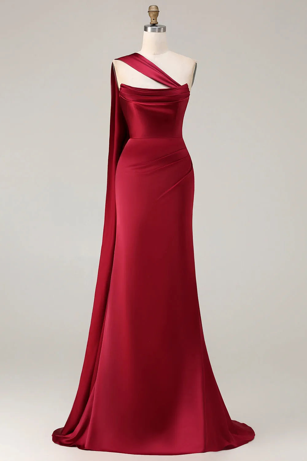 Chic Burgundy Sheath One-Shoulder Cape Sleeve Zipper Back  Scarf Ruched Long Prom Dresses
