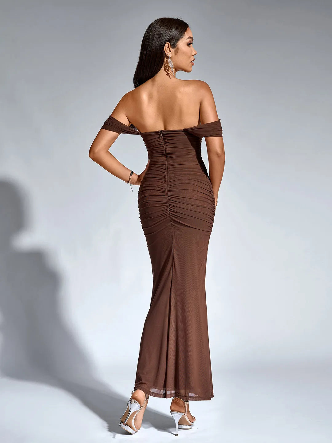 Chic Fitted Off-the-Shoulder Ruched Sheer Floor-Length Prom Dresses