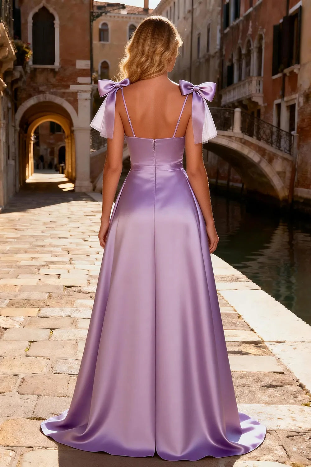 Chic Light Purple  High-Low Sweetheart Neck Sleeve Zipper Back Satin Beaded Prom Dresses with Bows