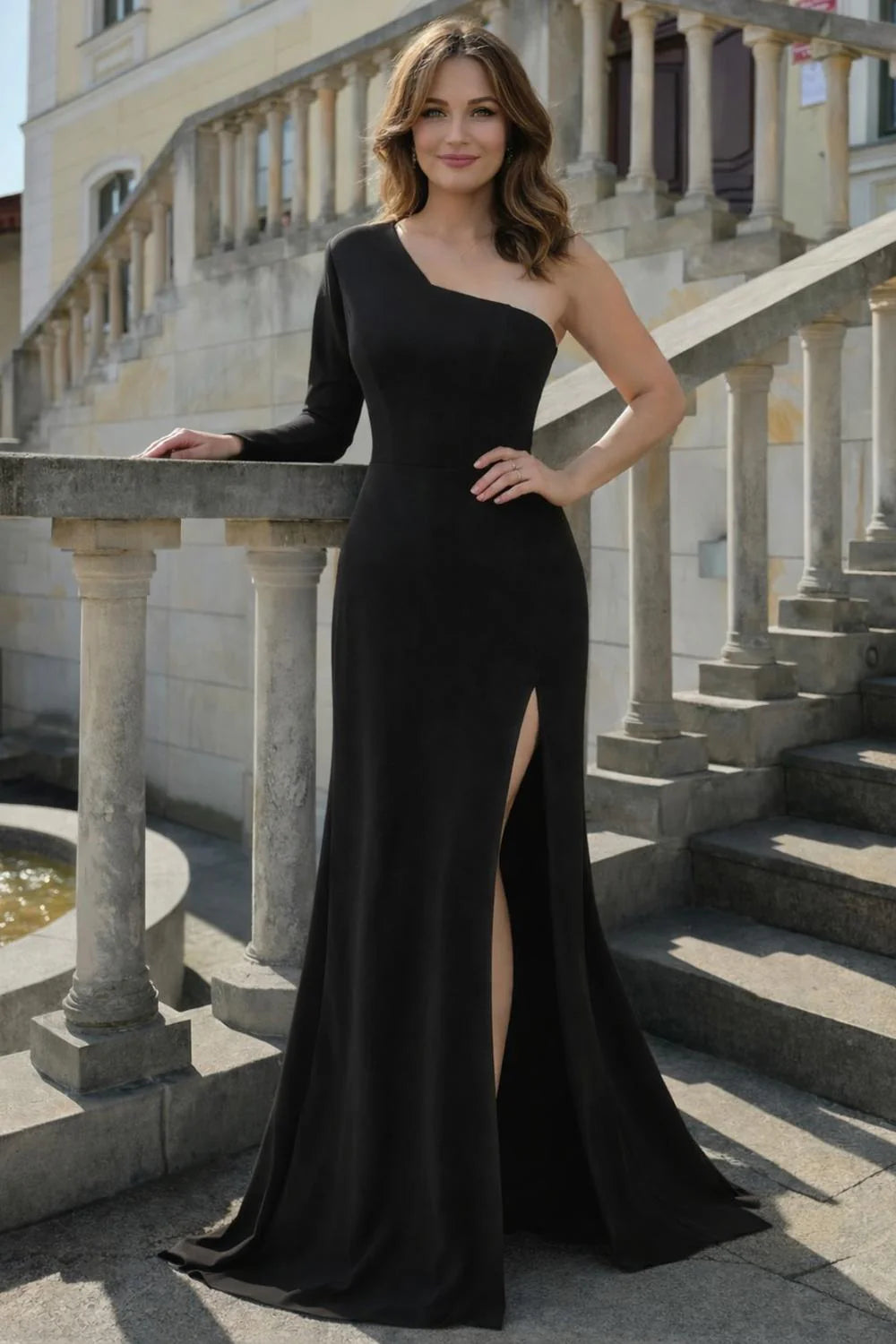 Chic Mermaid One-Shoulder Long Sleeve Side-Slit Train-Length Prom Dresses