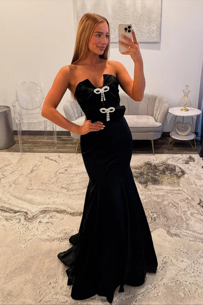 Chic Mermaid Sweetheart Neck Strapless Bow Detail Zipper Back Long Pleated Bow Knot Crystal Prom Dresses
